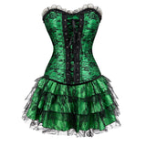 Women Vintage Floral Overbust Corset Dress Sexy Brocade Lace Up Corset Bustier Lingerie Top With Mini Pleated Skirt Set