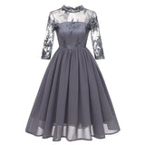 1950s Formal Long Sleeve Mesh Hollow Out Swing Elegant Evening Party Chiffon Embroidered Dress