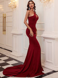 Sleeveless One Shoulder Red Party Prom Gown Trailing Formal Women Evening Christmas Dress