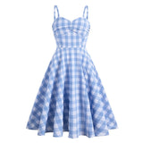 Spaghetti Strap Blue Plaid 50s Vintage Pinup Summer Swing Fit and Flare Slim Cami Dress