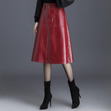 Office Midi Women Leather Maxi Skirt Ladies High Waist Pocket Autumn Red Black Formal Skirt