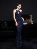 Halter Neck Evening Dress Sleeveless Mermaid Women Sequins Full Party Gowns Slim Prom Dress