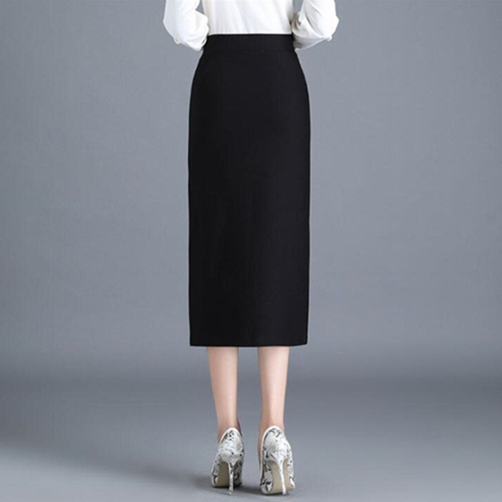 Summer Elegant Midi Pencil High Waist Bandage Black Elastic Bodycon Skirts