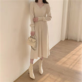 V Neck Long Sleeve Pleated Knitted Dress Autumn Winter Button Elegant Casual Midi Dress