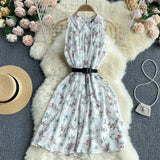 Beach Chiffon Floral Summer Dress Round Neck Sleeveless Casual Mini Dress With Belt