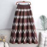 Elegant A Line Women Winter Casual Striped Knitted Skirts Elastic High Waist Casual Midi Long Skirt