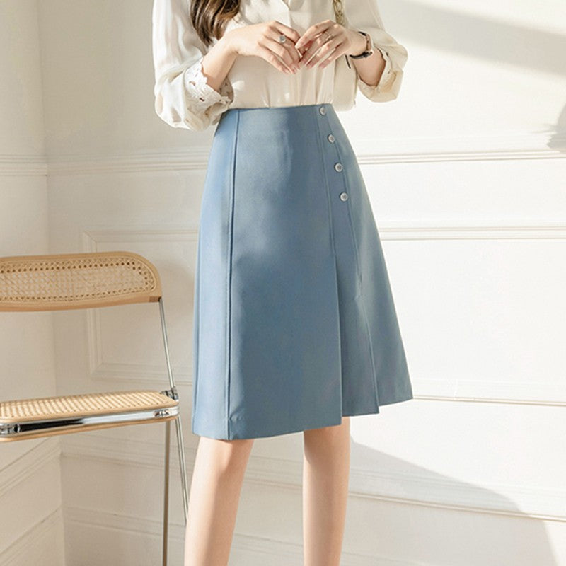 Ladies Elegant Knee-length A-line Skirts Summer Office Style Solid Color High Waist Women Casual Skirt