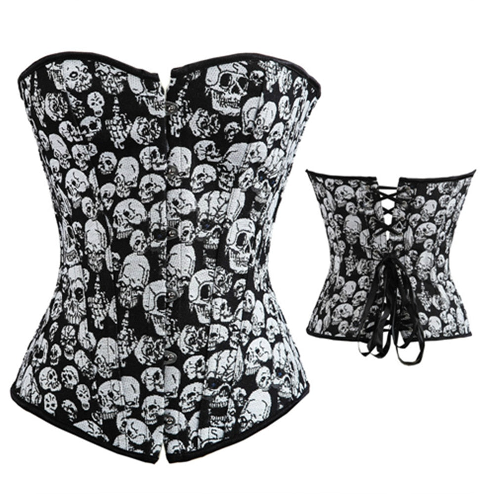 6XL Women Sexy Vintage Steel Boned Corset Black&white Bustier Steampunk Gothic Corsets With Printed Skull for Halloween Costume