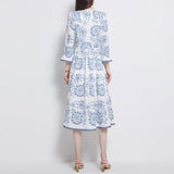 Party V Neck Flare Sleeve Lace Trim Boho Blue And White Floral Vintage Midi Dress