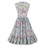 Floral Print Women Summer Sleeveless V Neck Button Up Ruffle Hem Holiday Party Vintage Dresses