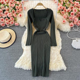 Sweetheart Neck Long Sleeve Elegant Knitted Dress Autumn Winter Slit Sexy Bodycon Dress