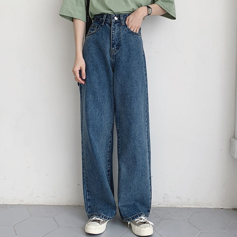 Women High Waist Casual Jeans Korean Style Streetwear All-match Loose Ladies Wide Leg Denim Pants