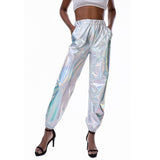 Laser Holographic Casual Long Wet Look High Waist Loose Jogger Pants With Pockets Summer Hip Hop Trousers