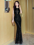 See through Sexy Party Maxi Dress Black Sequin Evening Dress Backless Bodycon Dress