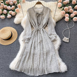 Elegant Vintage Casual Midi Dress With Belt Tie Bow Collar Long Sleeve Pleated Chiffon Dress