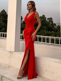 Side Split Sleeveless Formal Evening Dress Double V Neck Mermaid Women Party Gowns Tafftla Ruffle Floor Length Vestido