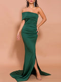 Solid Green Color Evening Dress Sexy Tail Formal Gowns Single Shoulder Satin Robe De Soriee Long Dresses not crumple Maxi Dress