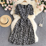 Leaf Floral Print Women Summer Short Puff Sleeve Casual Midi Dress Knee Length Square Neck Elegant Vintage Dress