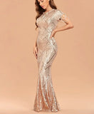 Women Gold Sequin Evening Dress Elegant Short Sleeve Beaded Party Bodycon Maxi Dress