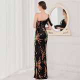 Women Black Elegant Off Shoulder Slit Sequin Evening Dress Beads Party Maxi Dress