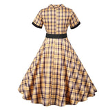 Turn Down Collar Button Up Plaid Vintage Short Sleeve Summer Women Casual A-Line Belted Swing Dresses