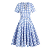 Cotton Retro Vintage Women Swing Dress With Belt Blue Plaid Print V Neck Short Sleeve Pin Up Rockabilly Swing Sundress For Party