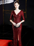 Half-Sleeve Evening Dress Sequinde Formal Dress Sexy V-neck Prom Gown Elegant High Split Evening Gowns Robe De Soriee