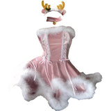 2021 Women Christmas Xmas Lady Santa Claus Cosplay Costume Sexy Lingeries Exotic Winter Pink Tube Dress Maid Waitress Uniform