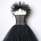 Solid Black Halloween Costumes Kids Girls Tutu Dress Ankle Length Dresses Devil Costume Cosplay Outfits Horns Wings