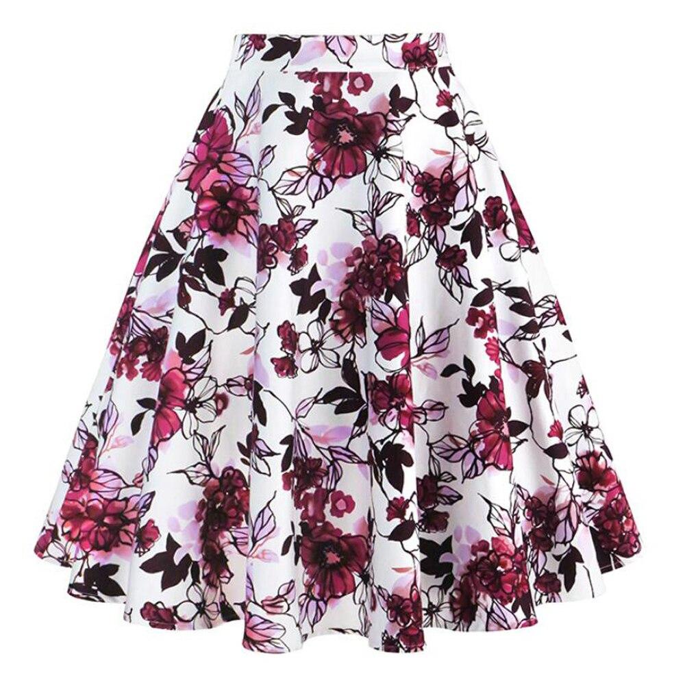 2021 Retro Vintage High Waist Midi Skirts Cotton Plus Size 2XL Floral Printed A Line Women 50s 60s Big Swing Rockabilly Skirt