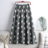 Contrast Color Star Pattern Casual Elastic High Waist Frayed Hem A Line Knit Midi Skirt