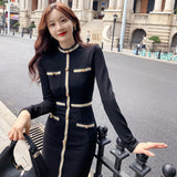 Fashion Autumn Vintage Female Stretch Midi Party Dress Ladies Elegant Streetwear Long Sleeve Bodycon Button Black Dress
