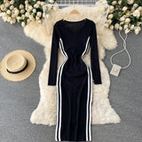 Fall Winter Midi Elegant V Neck Long Sleeve Knitted Dress Side Slit Striped Sexy Bodycon Dress