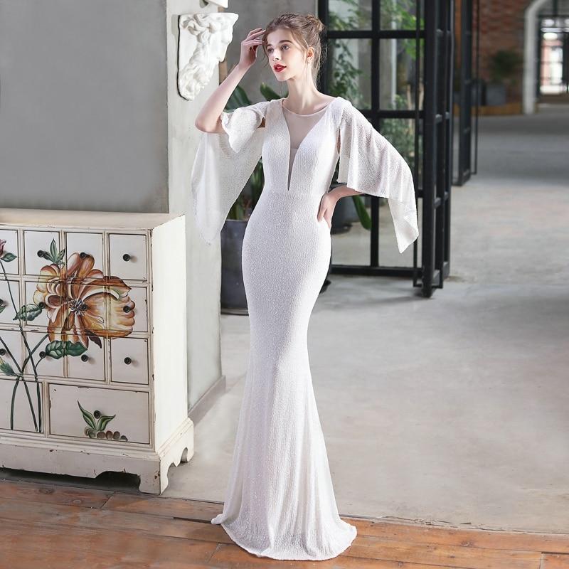 Angel Wings Mermaid Sequin Dress V Neck Party Maxi Dress Elegant White Evening Dress