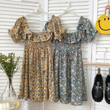 Vintage Floral Print Summer Vacation Beach Dress Ruffle Square Neck Short Puff Sleeve Casual Mini Dress