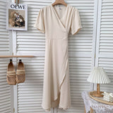 Elegant Wrap Woman V Neck Short Sleeve Solid Color Casual Belted Midi Dress