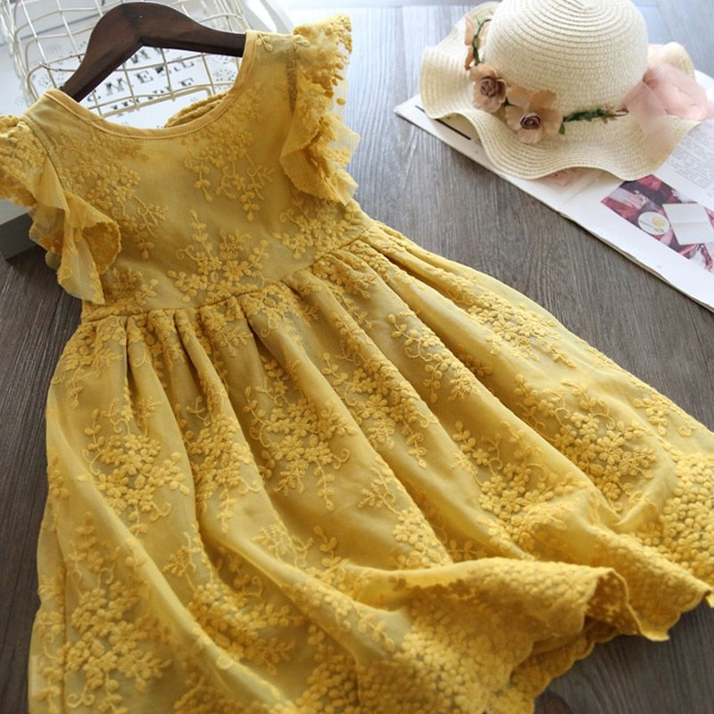 Girls Summer Dress For Kids Flower Printed Lace Embroidery Ruffle Short Sleeve Princess Costume Children Party Vestidos Clothes