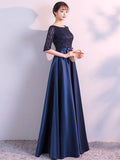 Navy Blue Homecoming Dress Half Sleeve Formal Dress O-neck Elegant Robe De Soriee Floor-length A-line Satin Party Prom Gowns