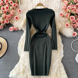 Women Crew Neck Long Sleeve Basic Casual Knitted Warm Knee Length Midi Dress Elegant Bodycon Dress