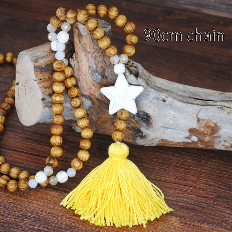Vintage Yoga Mala Wood Beads Statement Bohemian Tassel Star Heart Butterfly Boho Long Necklace
