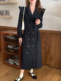 Notched Lapel Double Breasted Trench Dress Elegant Office Lady Ruffle Long Sleeve Midi Dress