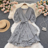 V Neck Short Puff Sleeve Ruffle Hem Wrap Dress Floral Print Casual Mini Dress