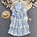 Party V Neck Flare Sleeve Lace Trim Boho Blue And White Floral Vintage Midi Dress