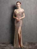 Sexy Backless Off Shoulder Evening Dress Slim Slash Neck Sequins Formal Party Gown Side Split Women Vestidoes New