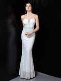 Slash Neck Sleeveless Shinning Sequin Sexy Mermaid Cocktail Dress Women Formal Full Length Stretch Slim Party Prom Gowns