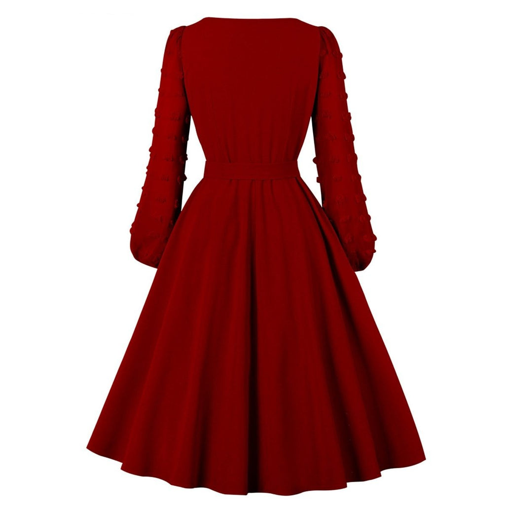 Women Red Black Pink Swing Dress Belted Swiss Dot Mesh Long Sleeve Light Blue Elegant Ladies 50s Midi Dresses Vintage Clothes