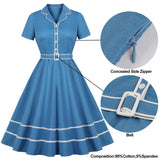 Elegant Blue Button Up Contrast Tape Hem Vintage Notched Collar Cotton Belted Retro A Line Dress
