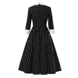 2021 Knot Neck Black and White Plaid Vintage Cotton Midi Dresses Women Elegant Party 3/4 Length Sleeve Spring Rockabilly Dress