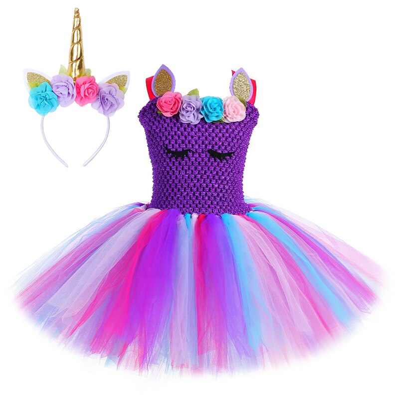 Purple Flower Unicorn Tutu Dress for Girls Princess Wings Dresses Halloween Costumes for Kids Girl Birthday Outfit Clothes 1-14Y