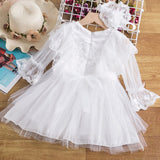 White Lace Princess Dress For Baby Girls Winter Long Sleeve Tulle Elegant Party Tutu Gown Toddler Kids Children Wedding Clothes
